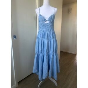 SNDYS Everyday Light Blue Cotton Tiered Maxi Dress Smocked Cutout Back Tie Large